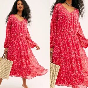 Free People Wallflower Midi Dress Raspberry Hot Pink Floral Small Boho Oversized